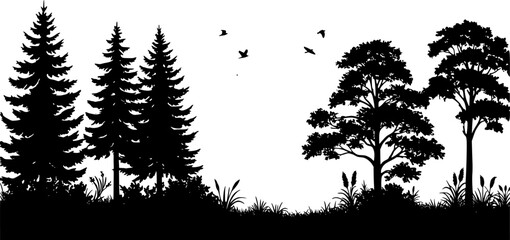 A silhouette of a dense forest scene featuring various trees