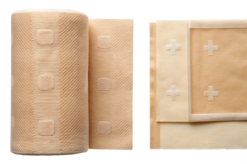 Beige fabric roll and panels isolated on a white background