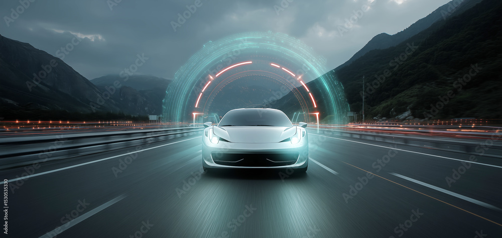 Poster a futuristic car equipped with recognition technology travels along a multi-lane highway at dusk.