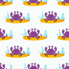 Underwater Seamless Pattern. Cute Crab and Sea algae, sandy seabed on White Background. Vector Illustration. Kids collection