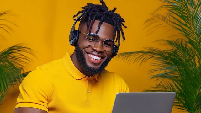 Smiling Man with Headphones Working on Laptop