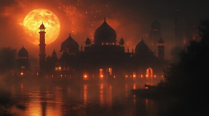 enigmatic lunar eclipse over ancient islamic cityscape reflected in tranquil waters creating a mesmerizing scene filled with mystery and wonder evoking a sense of timeless beauty