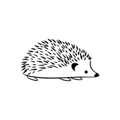 A small, monochrome hedgehog with a simple style stands on a white background