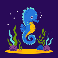 Cute Seahorse with algae and coral on seabed on blue background. Vector illustration. Kids collection