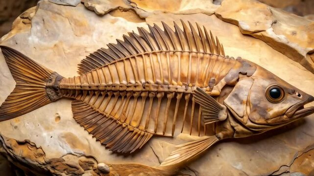 Fossilized fish skeleton embedded in sedimentary rock, showcasing spine and head structure with rocky background, ancient artifact