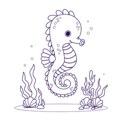 Outline Cute Seahorse with algae and coral on seabed. Line drawing, coloring book. Vector illustration. Kids collection