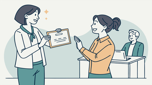 Woman presenting certificate to another at desk with colleague in background in simple illustration