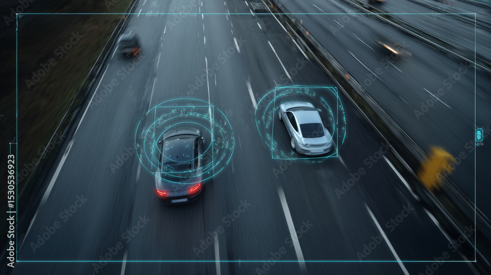 Aufkleber Rain falls on a busy road as vehicles navigate traffic lanes. Advanced recognition technology tracks and identifies cars in motion. The atmosphere is dynamic with wet pavement reflecting lights.