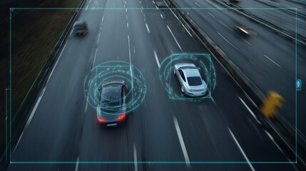 Obraz premium Rain falls on a busy road as vehicles navigate traffic lanes. Advanced recognition technology tracks and identifies cars in motion. The atmosphere is dynamic with wet pavement reflecting lights.