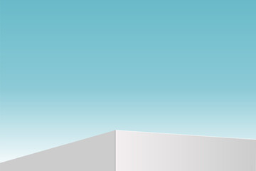 The corner of the white podium with bright blue sky, Blank white product studio background, stage, podium for presentation vector illustration design for display cosmetic or beauty product.