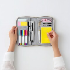 Organized stationery pouch with colorful markers and notepad for school and office supplies storage