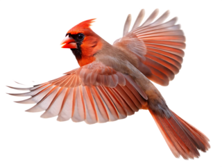 red cardinal bird in flight with outstretched isolated on white background PNG