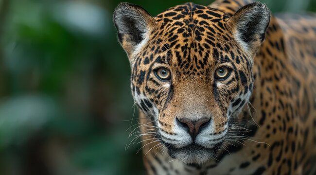 A jaguar gazes directly at the viewer with piercing eyes, showcasing its distinctive fur patterns. This magnificent creature roams the vibrant greenery of the Amazon rainforest