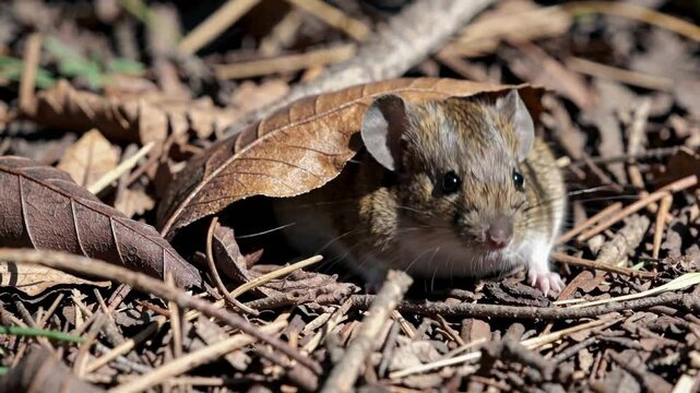 Small mouse hiding under leaf in forest