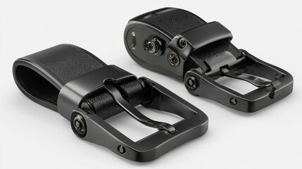 Vector 3d realistic black dual quick release buckle with a strap, closed and opened. Isolated on white background.