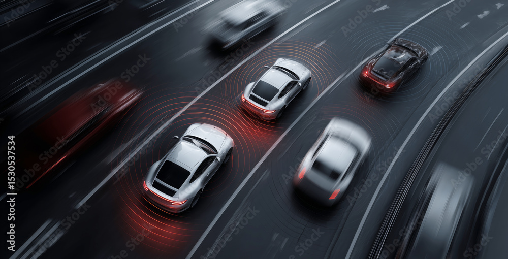 Poster multiple vehicles navigate a multi-lane road showcasing clear lanes. the scene captures an early eve