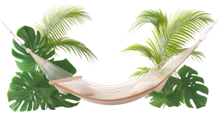 Hammock icon in 3D with tropical leaves in background, beach nap theme, white background, PNG 