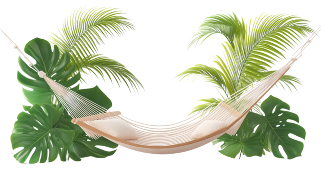 Hammock icon in 3D with tropical leaves in background, beach nap theme, white background, PNG 