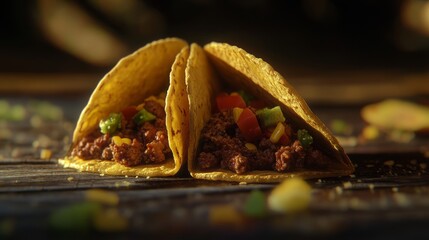 Delicious and colorful tacos on a wooden surface. Experience the vibrant flavors and textures of this traditional dish. Perfect for food lovers and culinary enthusiasts. Generative AI