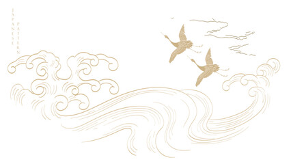 Japanese background with line crane birds and ocean sea pattern vector. Abstract template with geometric wave pattern in oriental style