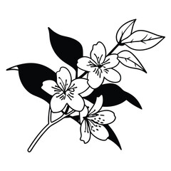 A striking black and white floral branch presents delicate blossoms and stylized leaves