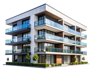 Urban Apartment Building Facade with Balconies, street level view, isolated on a transparent background.