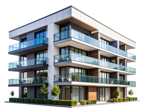 Urban Apartment Building Facade with Balconies, street level view, isolated on a transparent background.
