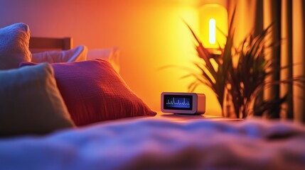 Cozy bedroom with soft lighting and colorful pillows. A bedside clock adds a modern touch. This serene atmosphere is perfect for relaxation and rest. Generative AI