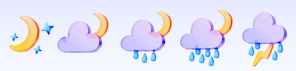 3d glass holographic weather icon set. Crescent with crystal stars, clouds with moon, raindrops, thunderstorm and lightning. Clear night sky with precipitation forecast app elements. 3D illustration