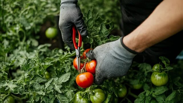 Precision harvesting: Gardener carefully picking ripe tomatoes with clippers