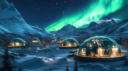 Glistening domes under the northern lights create a magical landscape. A peaceful retreat where nature meets modern design. Experience tranquility in nature. Generative AI