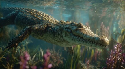 A crocodile glides through the calm river waters, surrounded by vibrant aquatic vegetation. Sunlight filters through, creating a serene environment for this reptile