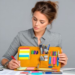 Woman organizing stationery in yellow organizer writing notes for productivity and creative work flow