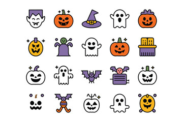 Obraz premium Seamless cartoon vector pattern featuring a fun Halloween pumpkin icon set with cute skull and animal illustrations