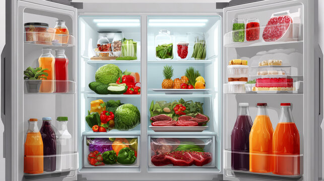 Open refrigerator. Healthy food in frozy refrigerator vegetables meat juce cakes steak supermarket products vector pictures. Illustration of refrigerator with bottle beverage and food