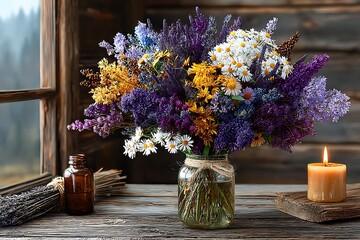 Natural floral centerpiece with summer flowers high resolution image