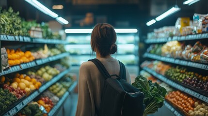A woman explores the vibrant produce section of a grocery store. Fresh fruits and vegetables surround her. The atmosphere is inviting and colorful. Generative AI