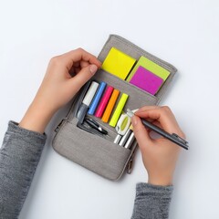 Pencil case organizer with stationery supplies for school or office organization and study tools
