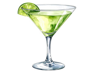 Watercolor illustration of a classic martini cocktail. Cocktail drink watercolor illustration on transparent background.