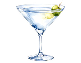 Watercolor illustration of a classic martini cocktail. Cocktail drink watercolor illustration on transparent background.