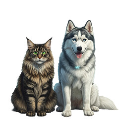 Maine Coon Cat and Siberian Husky: Pet Portraits, Animal Illustration