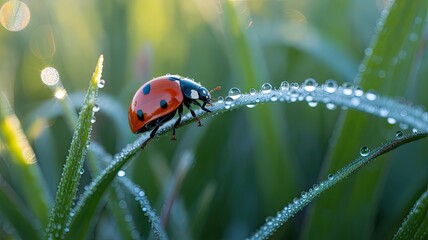 Ladybug perched on dew-kissed grass blade capturing the essence of summer morning's beauty and serenity in a macro nature photograph