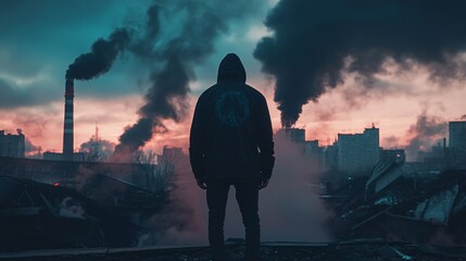 A figure stands in a dystopian landscape. Dark smoke billows from factories while a colorful sunset casts an eerie glow. Reflections of a troubled future. Generative AI
