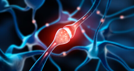 Illuminated synapse connected with interacting nerve cells in background - 3D illustration
