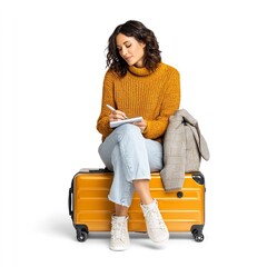 Woman planning travel sitting on suitcase writing notes for trip packing list and vacation checklist
