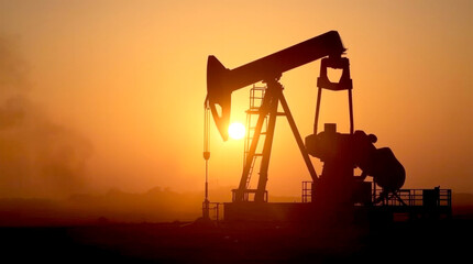 Creative artwork decoration. Oil pump and oil refining factory at sunset. Energy industrial concept. Selective focus, dramatic silhouette of an oil pump jack set against a hazy, glowing sunset