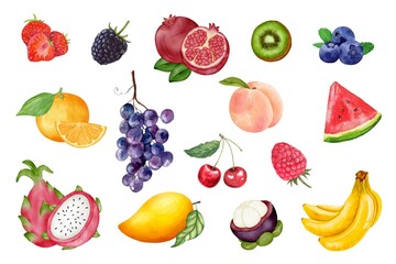 Watercolor of fruits set on white background. Collection of isolated fruits