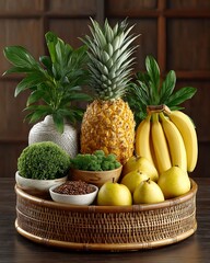 Natural fruit arrangement in wicker basket photo