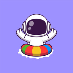 Funny Cartoon Astronaut with Inflatable Ring on Summer Vacation