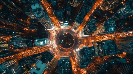 Aerial view of a vibrant cityscape captured at night. Bright lights and busy streets create a mesmerizing pattern. Explore urban life from above. Generative AI